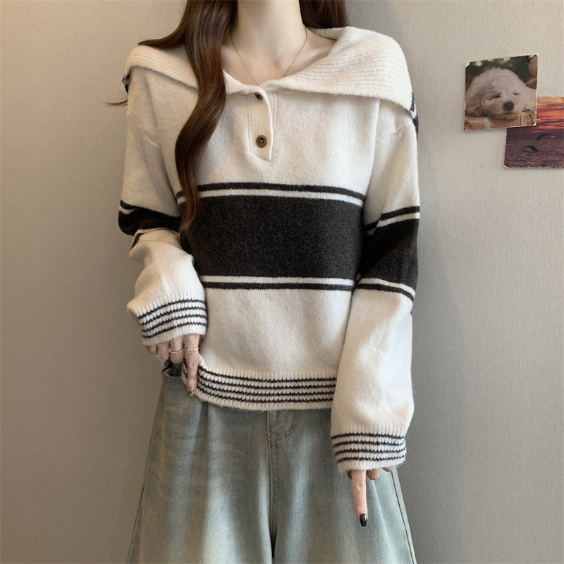 Seoulcore Navy Knit Sweater: Winter Block Stripe Collar Loose Long Sleeve