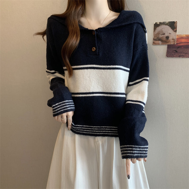 Seoulcore Navy Knit Sweater: Winter Block Stripe Collar Loose Long Sleeve