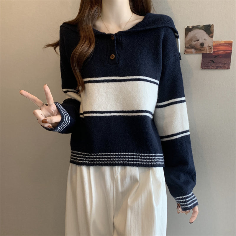 Seoulcore Navy Knit Sweater: Winter Block Stripe Collar Loose Long Sleeve