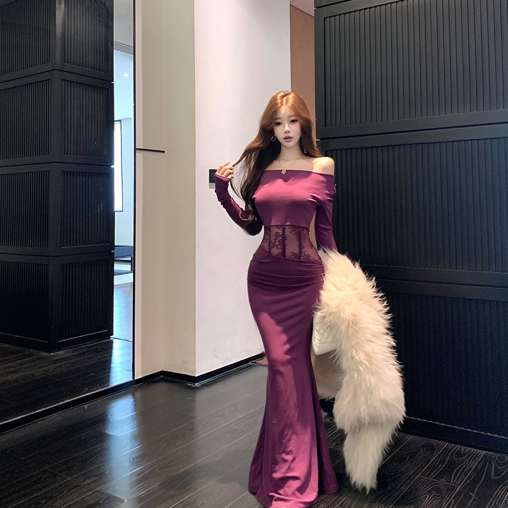 Mermaid Corset-Back Elegant Evening Gown with Lace Sleeves