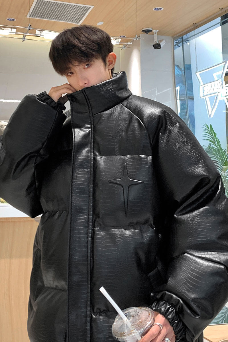 Men’s Croc Print Metal Stamp Jacket - Oversized Casual Streetwear Cotton Coat