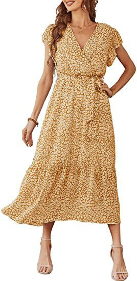Stylish and Chic: Women's Floral Summer Dress with V-neck, Short Sleeves, Belt, and Pleated Hem - Perfect for Bohemian Fashion Lovers!