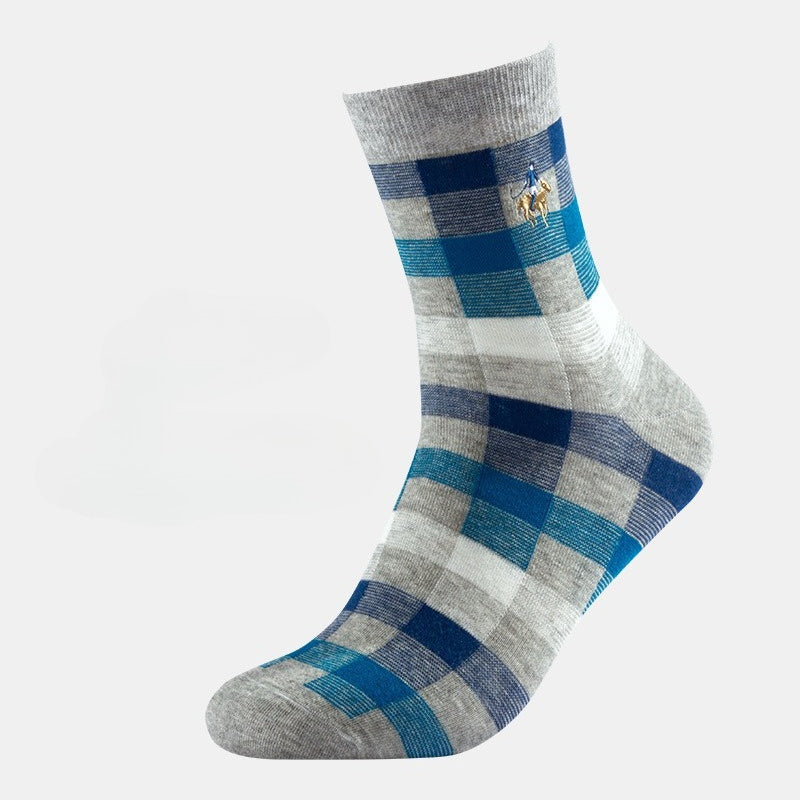 Men's Socks Spring and Autumn Business Trendy Socks Plaid Combed Cotton Medium Tube Socks