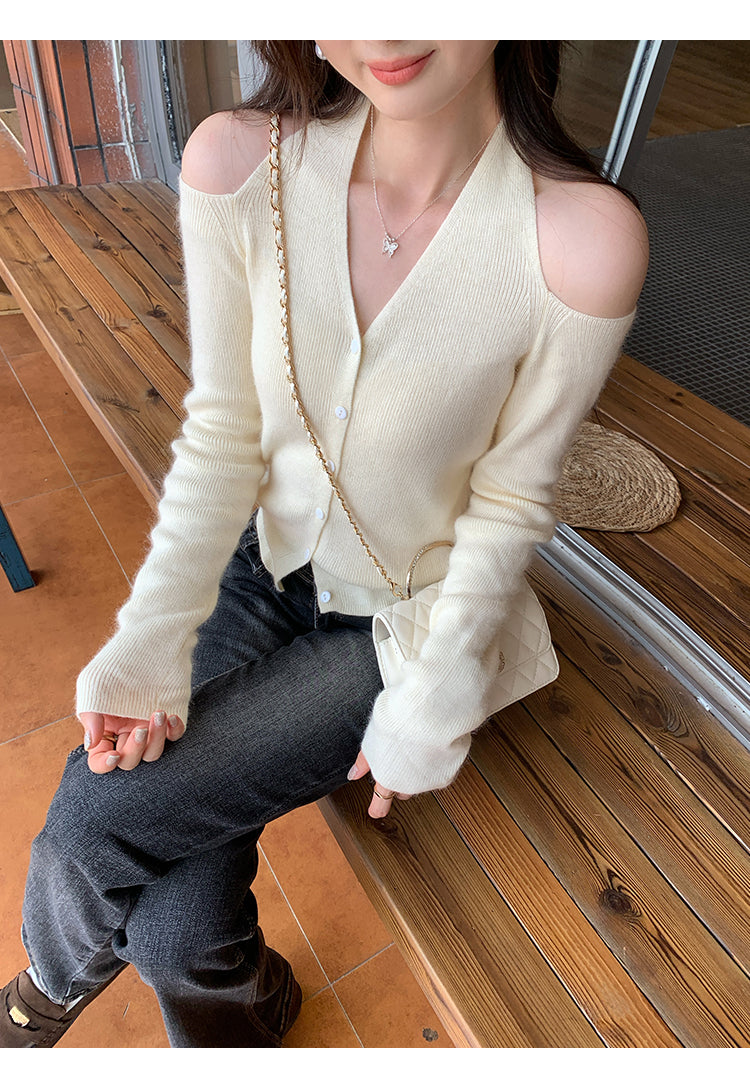 Lazy Halter Neck Long Sleeve Knitted Sweater for Women, Autumn New Style, Super Beautiful, Mature Off-Shoulder Top