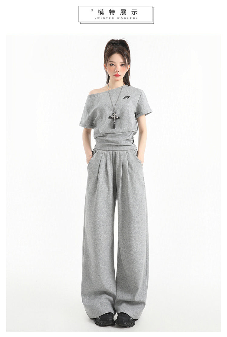 Stillness Sport Set: Slate-Gray Off-Kilter Shoulder Top + Engineered Relaxed Pants