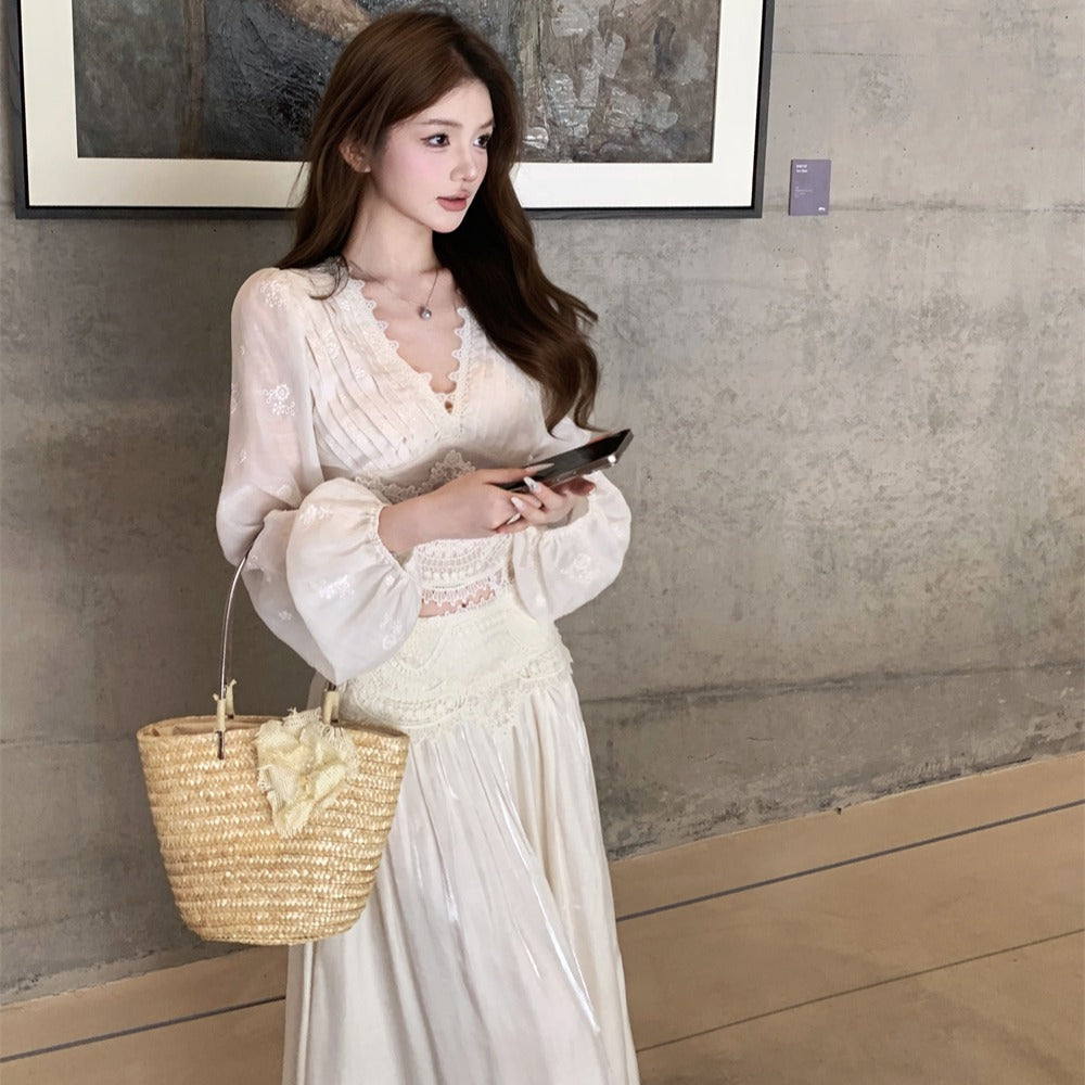 Tranquil Chiffon Blouse + Sculpted Skirt Set | Delicate Lace Details