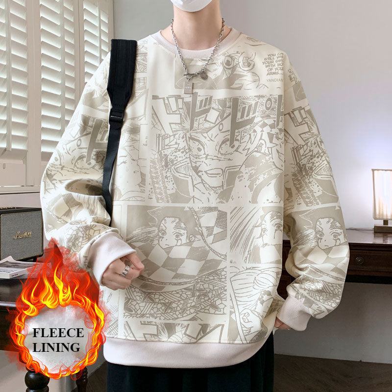 Autumn and Winter Large Size Street Animation Printed Sweater Men's Top Loose and Versatile