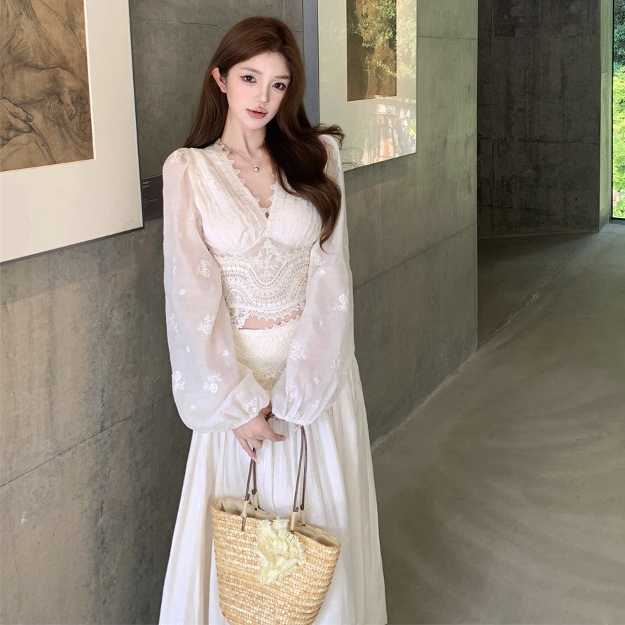 Tranquil Chiffon Blouse + Sculpted Skirt Set | Delicate Lace Details