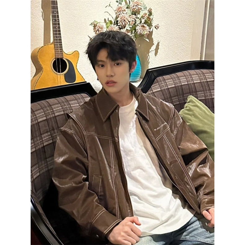 Men's Soft Loose Leather Jacket - Versatile Overshirt Coat for Street Style
