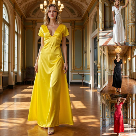 Women's Elegant Versatile V-Neck Texture Short-Sleeve Long dress Evening Gown
