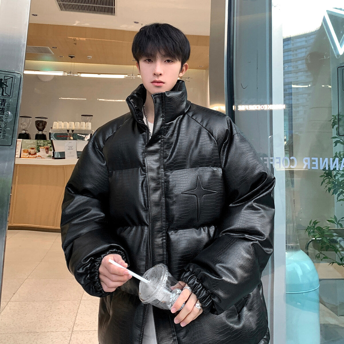 Men’s Croc Print Metal Stamp Jacket - Oversized Casual Streetwear Cotton Coat