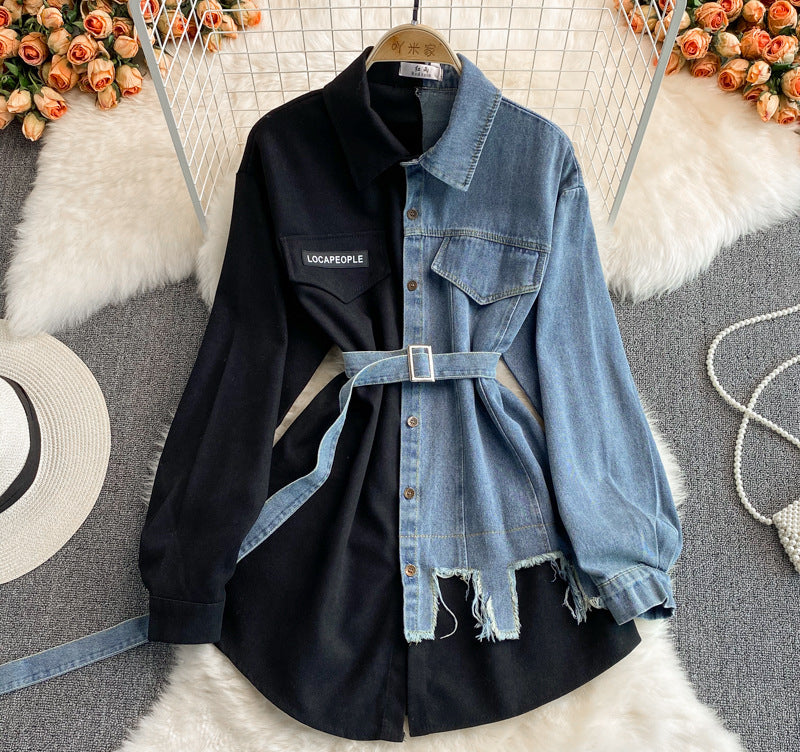 Denim Splicing Lapel Dress Spring and Autumn New Waist and Thin Irregular Medium and Long Shirt