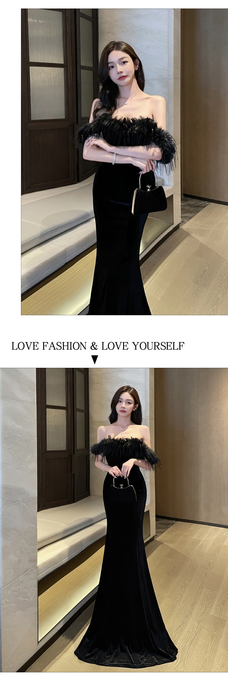 Fur Collar Sexy Strapless Bodycon Floor-Length Women's Dress Elegant Backless Nightclub Gown Car Model Annual Meeting Evening Dress