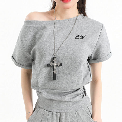 Stillness Sport Set: Slate-Gray Off-Kilter Shoulder Top + Engineered Relaxed Pants