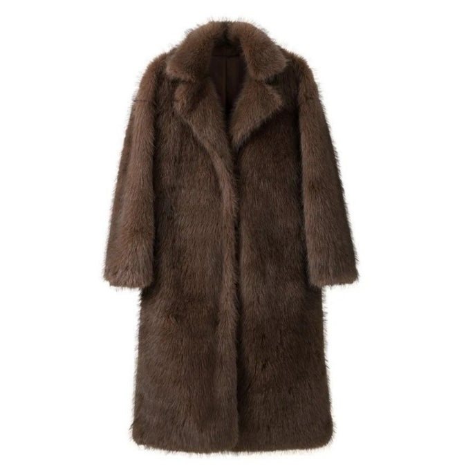 Women's Vintage Brown Faux Fur Coat with Oversized Retro Collar, Winter Luxe Fashion