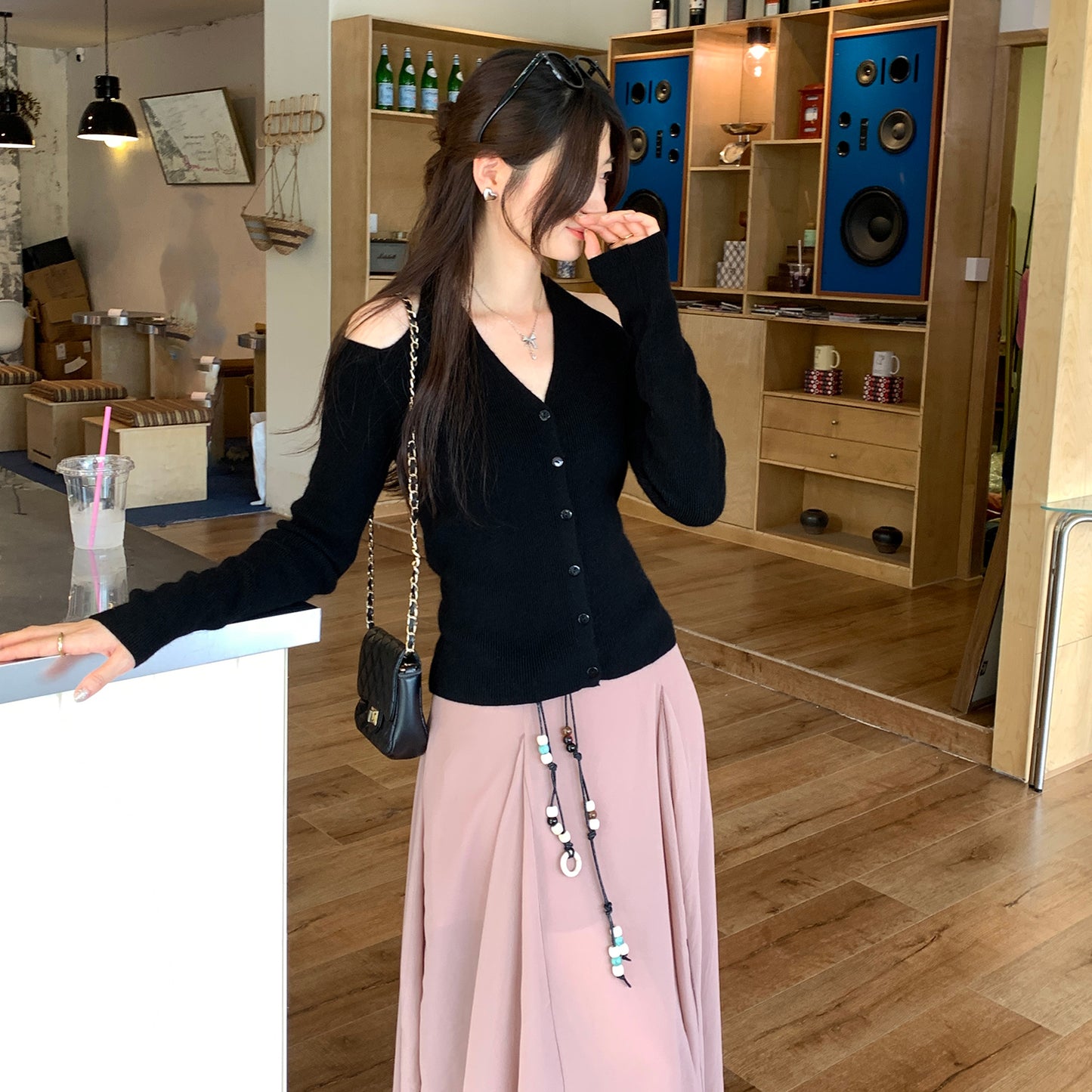 Lazy Halter Neck Long Sleeve Knitted Sweater for Women, Autumn New Style, Super Beautiful, Mature Off-Shoulder Top