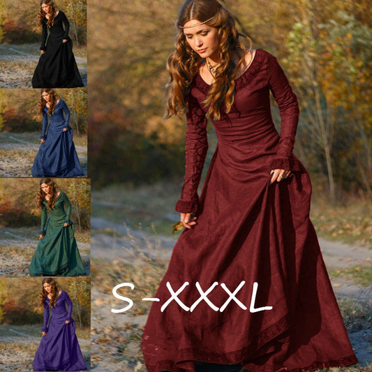 Classic Medieval Central European Party Long Sleeve Crewneck Slim Fit Women's Dress