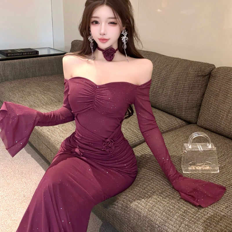 Prom Night Lace-Up Floral Appliqué Fitted Wrap Slit Evening Gown Dress