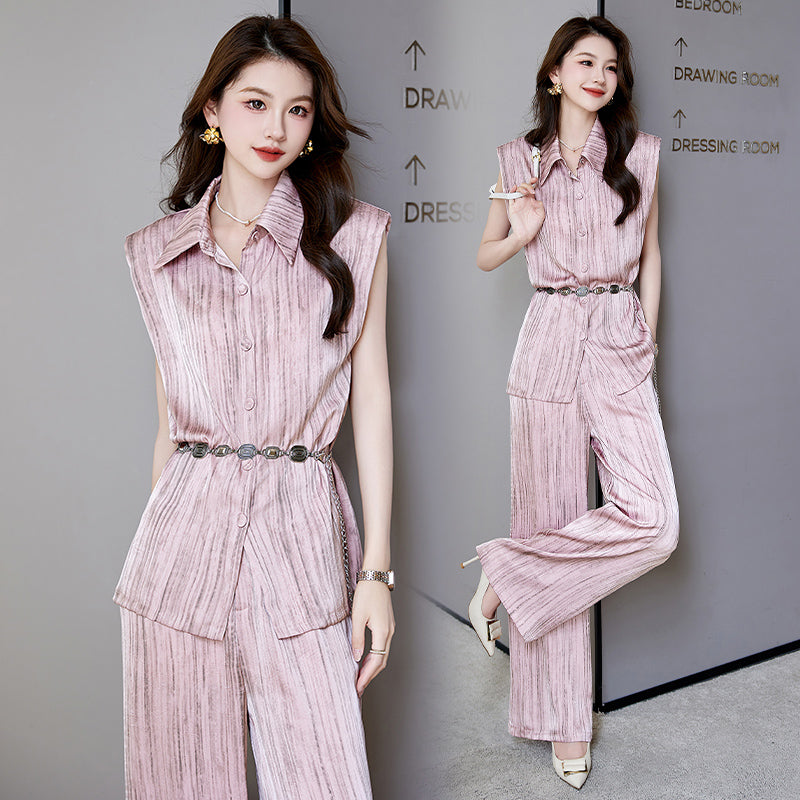 Women’s Suit Set Sleeveless Top & Wide Leg Pants Summer Office Casual Two-piece