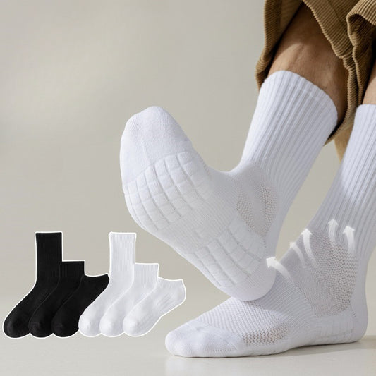 5 PRS-Men's Medium Tube Socks Terry Socks Towel Bottom Sports Cotton White Stockings Basketball Socks
