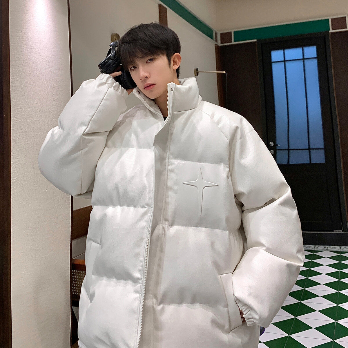 Men’s Croc Print Metal Stamp Jacket - Oversized Casual Streetwear Cotton Coat