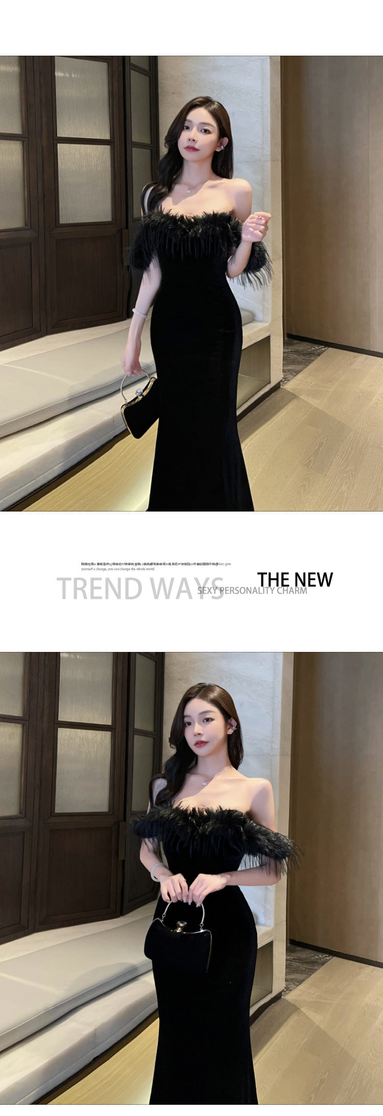 Fur Collar Sexy Strapless Bodycon Floor-Length Women's Dress Elegant Backless Nightclub Gown Car Model Annual Meeting Evening Dress
