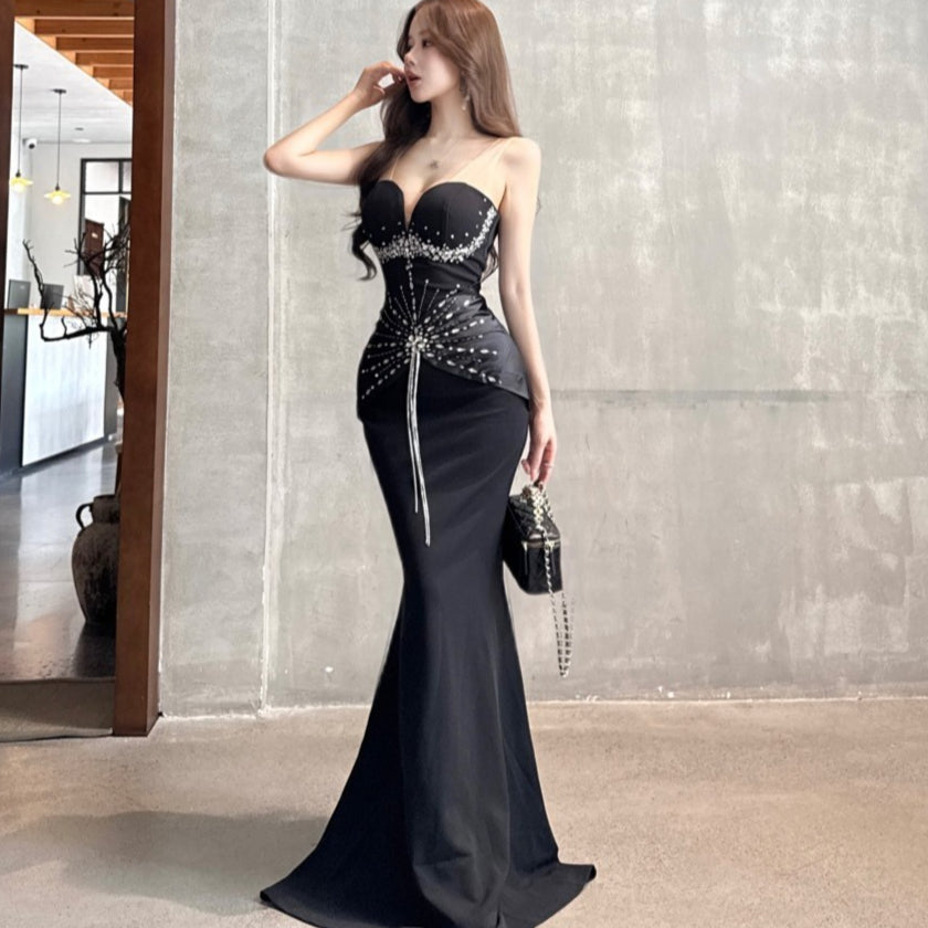 Velvet Plunging V-Back Mermaid Evening Gown for Host Black Tie