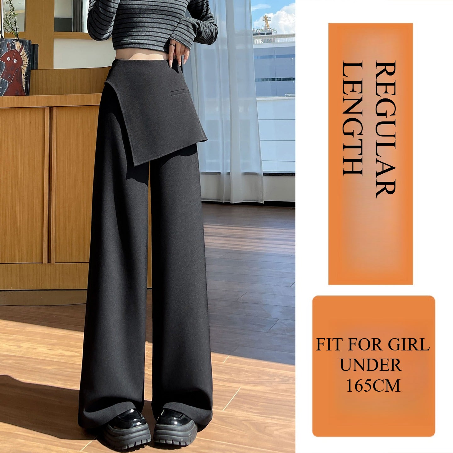 Gray Flared Curtain Pants Women: Fall False Two-Piece High Waist Tummy Control Wide-Leg Floor-Length Casual