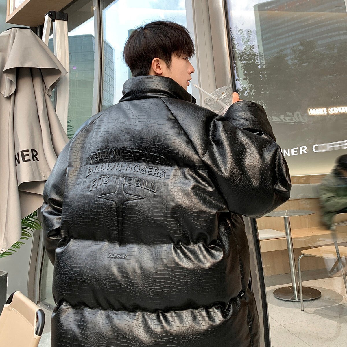 Men’s Croc Print Metal Stamp Jacket - Oversized Casual Streetwear Cotton Coat
