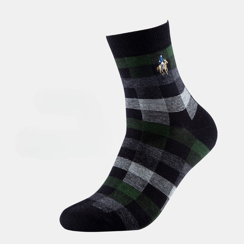 Men's Socks Spring and Autumn Business Trendy Socks Plaid Combed Cotton Medium Tube Socks
