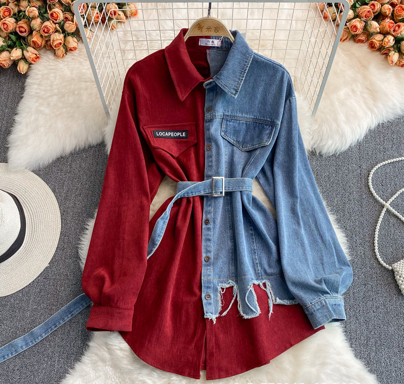 Denim Splicing Lapel Dress Spring and Autumn New Waist and Thin Irregular Medium and Long Shirt