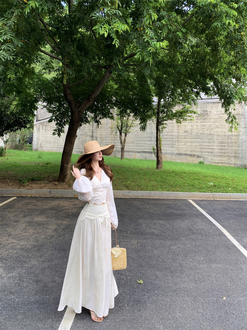 Tranquil Chiffon Blouse + Sculpted Skirt Set | Delicate Lace Details