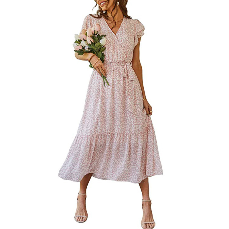 Stylish and Chic: Women's Floral Summer Dress with V-neck, Short Sleeves, Belt, and Pleated Hem - Perfect for Bohemian Fashion Lovers!