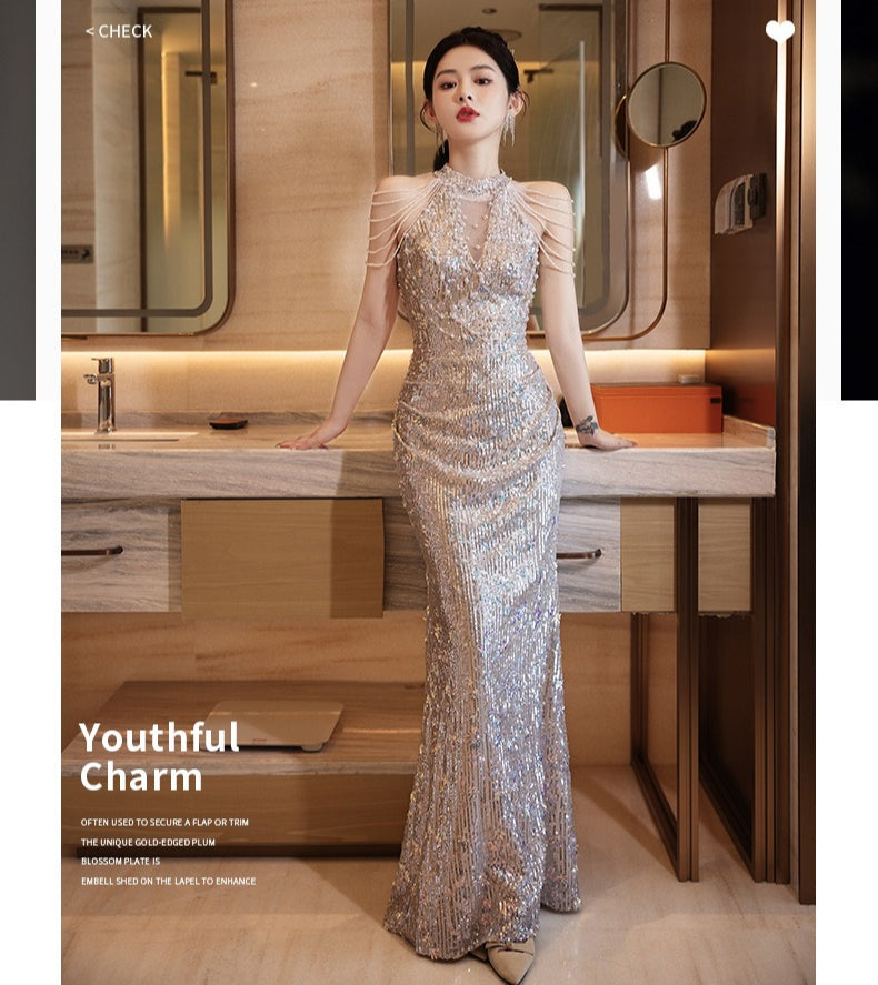 Gala Evening Dress with Champagne Fringe & Sequin Fishtail