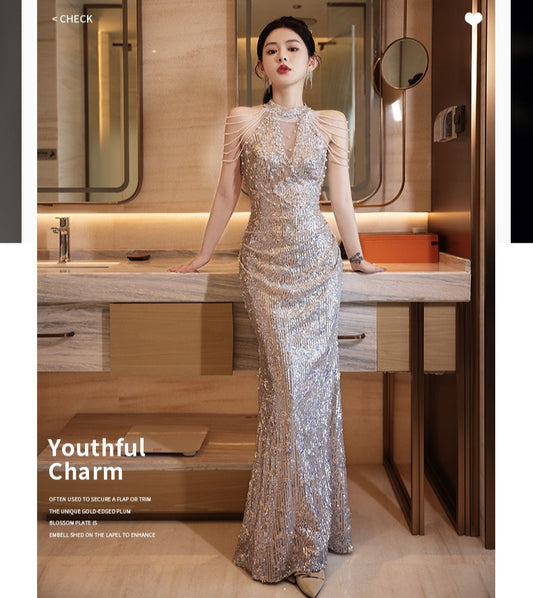 Gala Evening Dress with Champagne Fringe & Sequin Fishtail