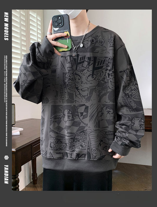 Autumn and Winter Large Size Street Animation Printed Sweater Men's Top Loose and Versatile