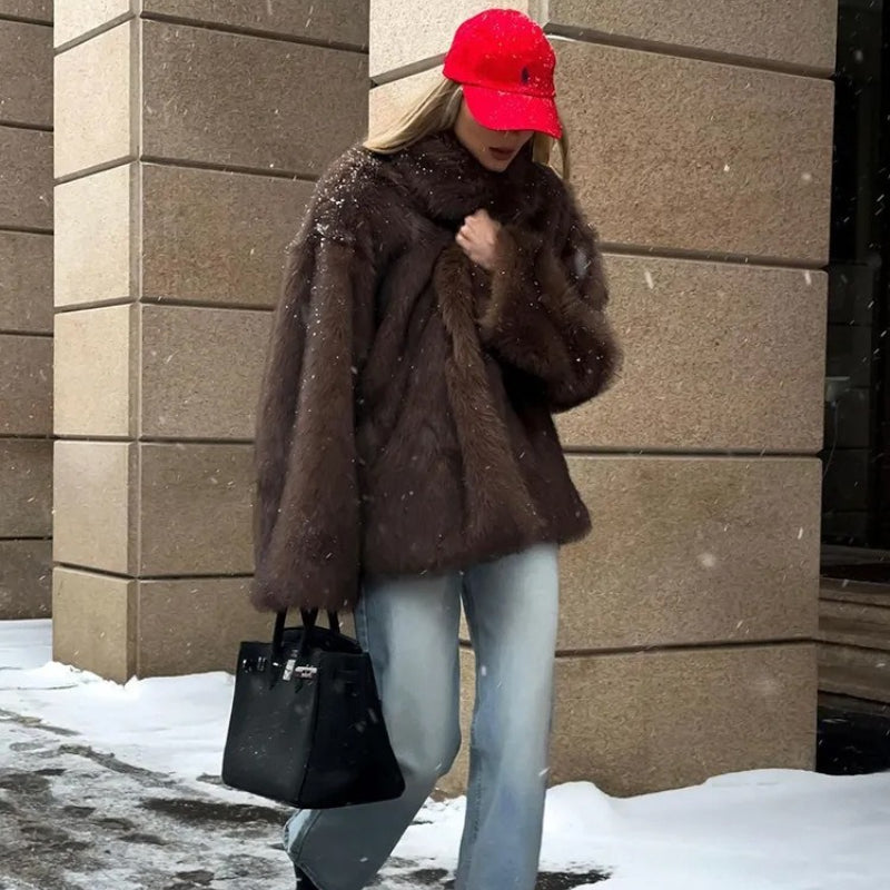 Stylish Faux Fur Jacket Women Warm Teddy Bear Coat Lapel Collar Cozy Fall Winter Outerwear