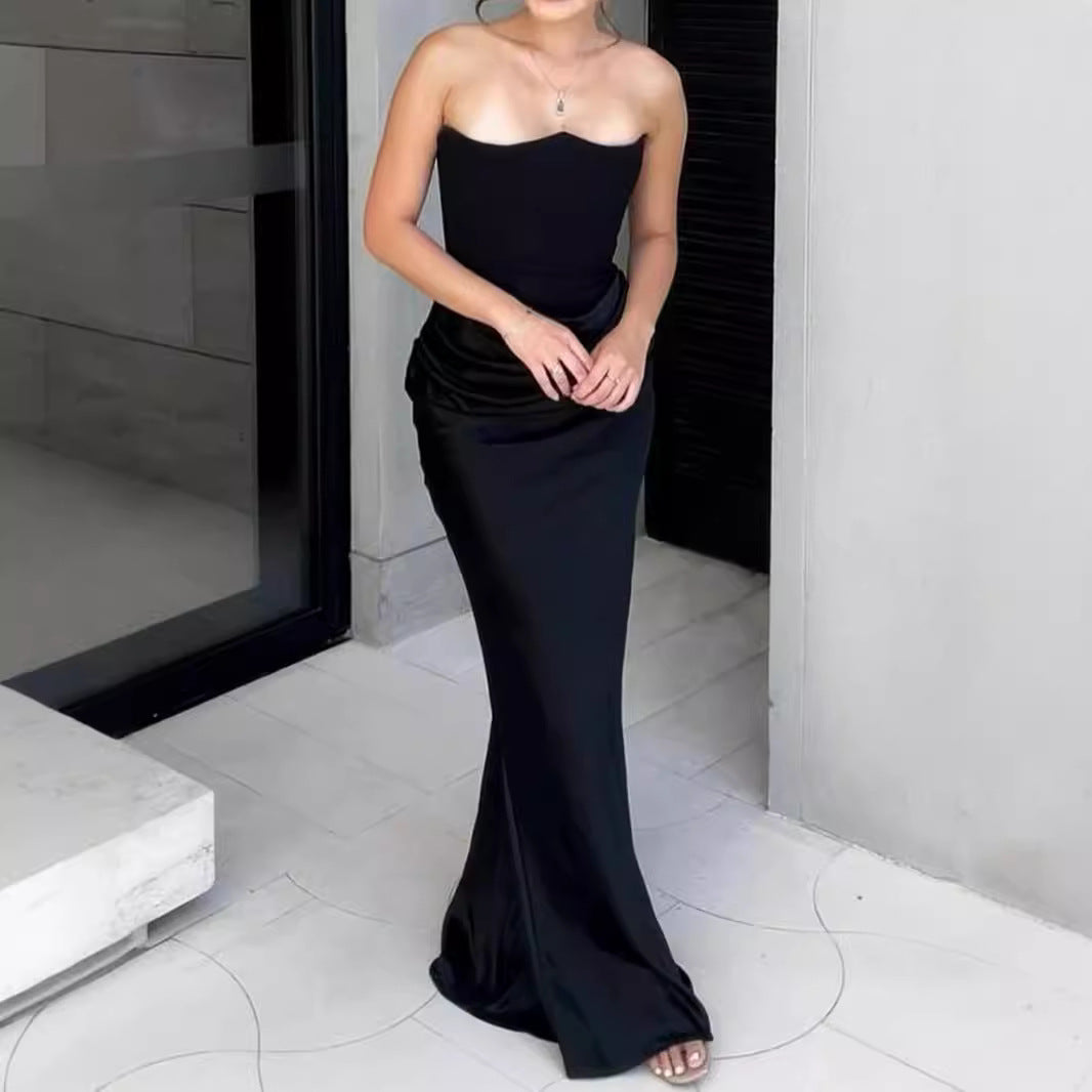 New Sexy Fishbone Strapless Slim Backless Long Dress Autumn Winter Velvet Dress Black Evening Gown