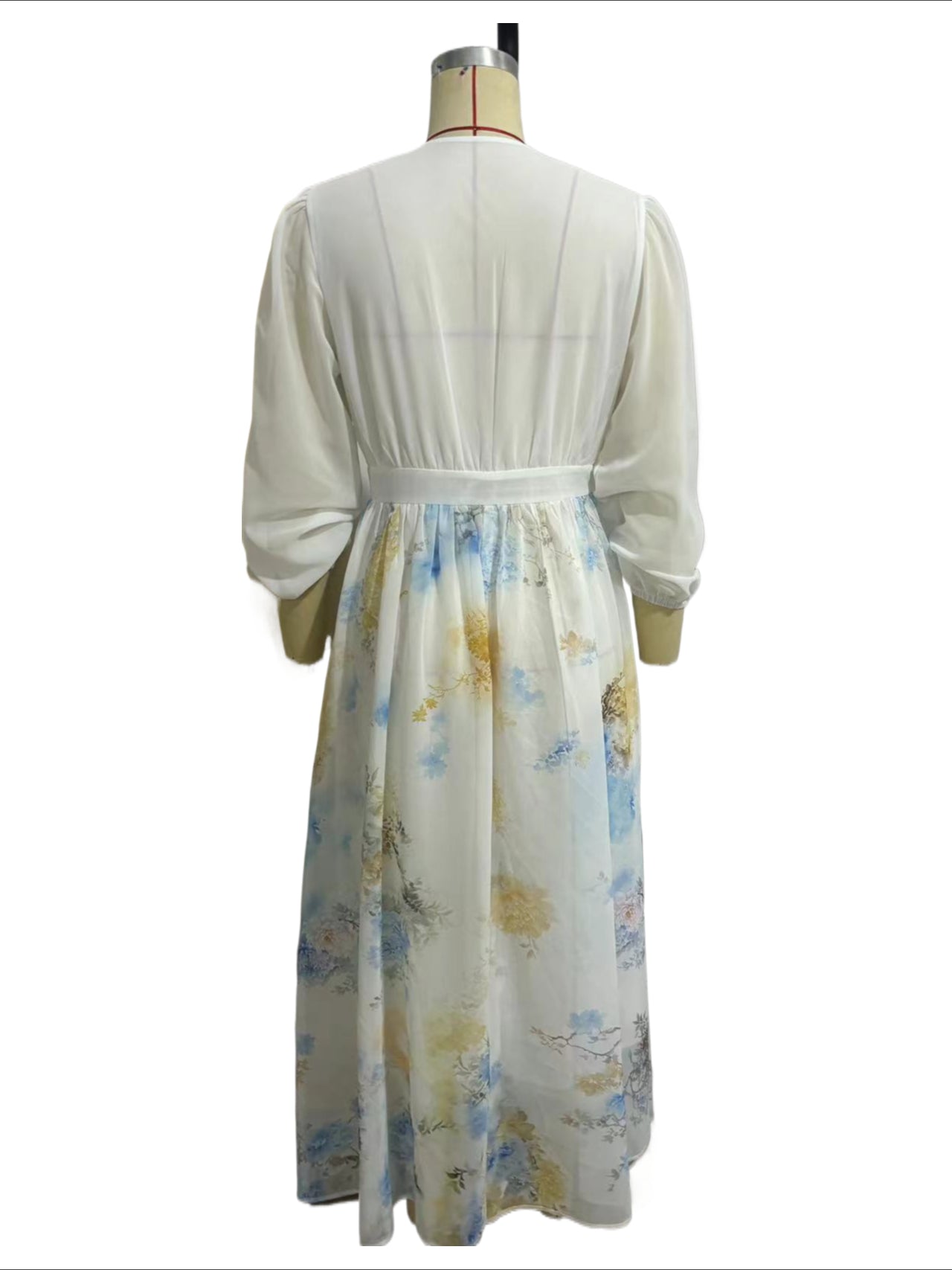 Dark Academia Maxi Dress - Artistic Digital Print V-Neck with Contrast Panelled Sleeves