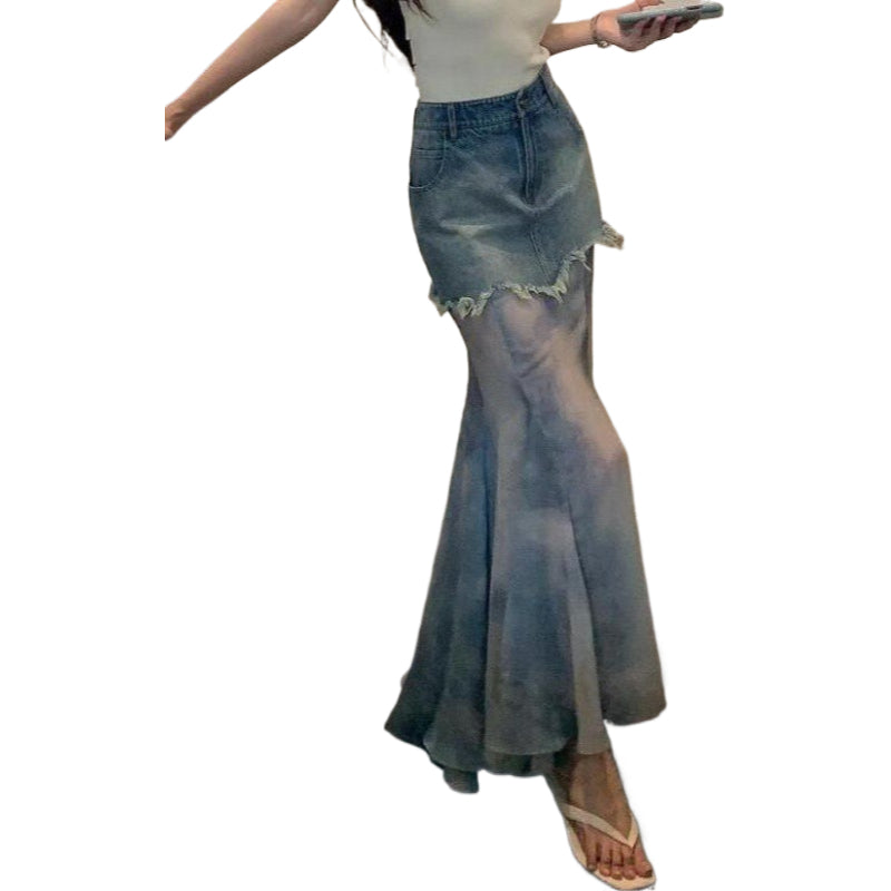 Retro Lotus Leaf Edge Splicing Denim Skirt Summer New High Waist Rough Edge Design Fairy Dress