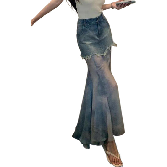 Retro Lotus Leaf Edge Splicing Denim Skirt Summer New High Waist Rough Edge Design Fairy Dress