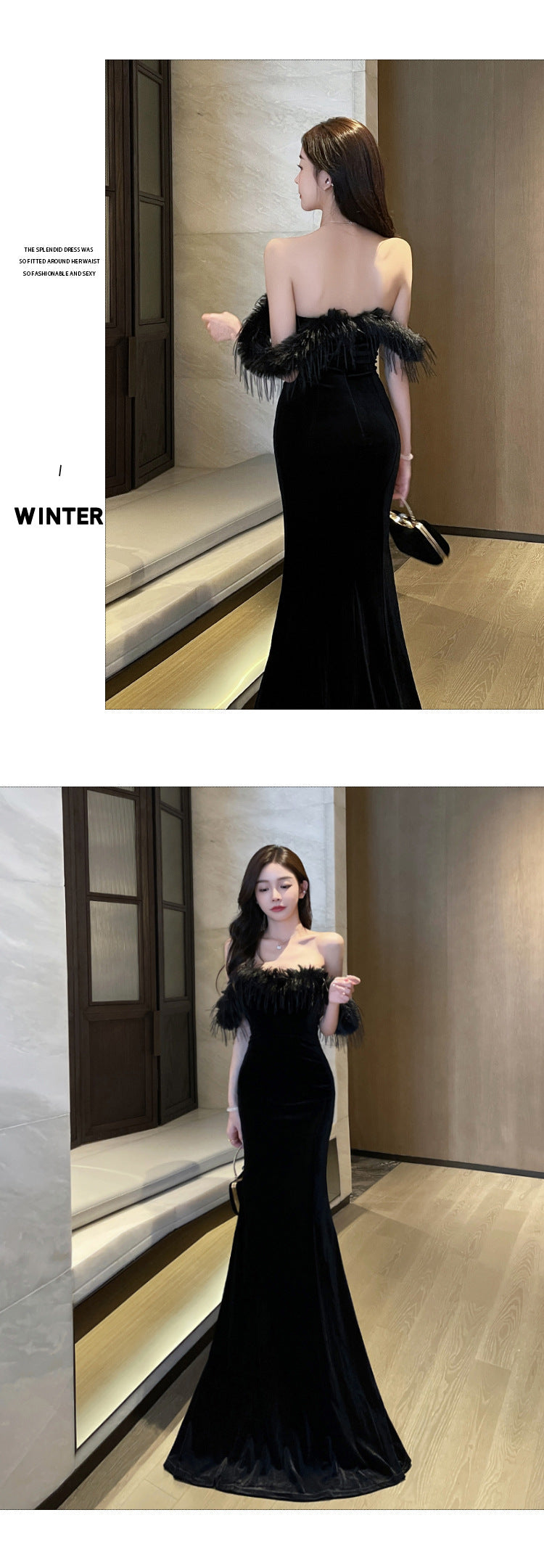 Fur Collar Sexy Strapless Bodycon Floor-Length Women's Dress Elegant Backless Nightclub Gown Car Model Annual Meeting Evening Dress