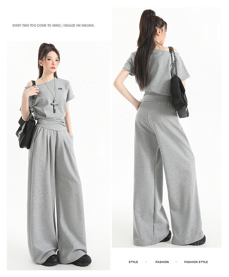 Stillness Sport Set: Slate-Gray Off-Kilter Shoulder Top + Engineered Relaxed Pants