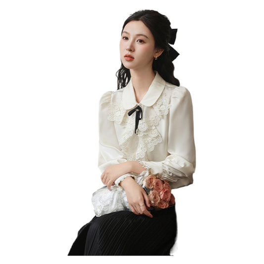 Spring New French Rich Girl Lace Embroidered Bow Doll Collar Satin Long Sleeve Shirt Women