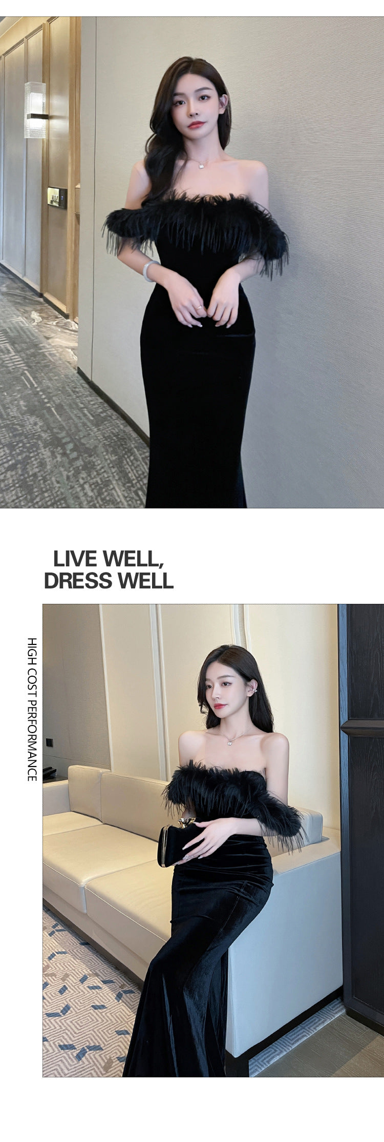 Fur Collar Sexy Strapless Bodycon Floor-Length Women's Dress Elegant Backless Nightclub Gown Car Model Annual Meeting Evening Dress