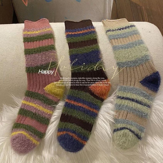 5PRS-Thick Stripes Color Matching Contrasting Imitation Mink Fluffy Socks Sweet Warm Women's Mid-tube Socks