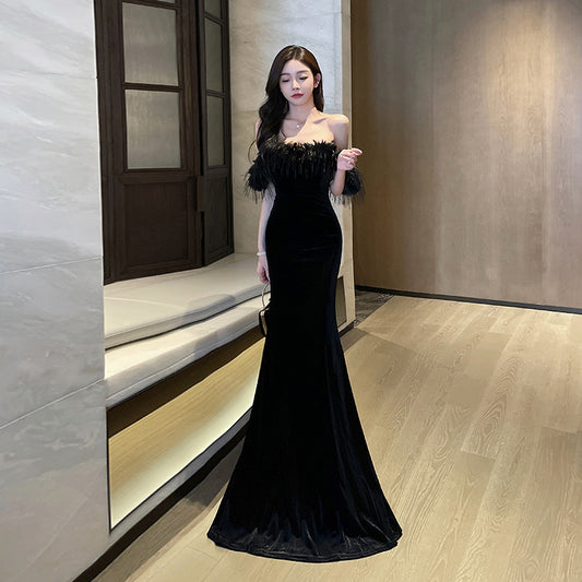 Fur Collar Sexy Strapless Bodycon Floor-Length Women's Dress Elegant Backless Nightclub Gown Car Model Annual Meeting Evening Dress