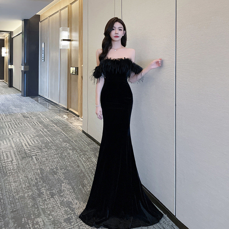 Fur Collar Sexy Strapless Bodycon Floor-Length Women's Dress Elegant Backless Nightclub Gown Car Model Annual Meeting Evening Dress