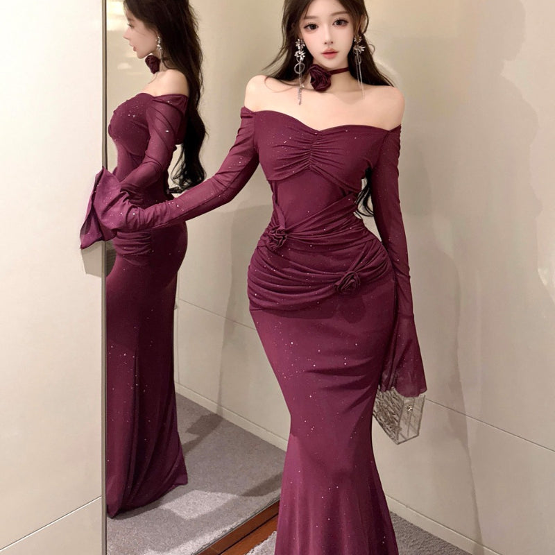 Prom Night Lace-Up Floral Appliqué Fitted Wrap Slit Evening Gown Dress