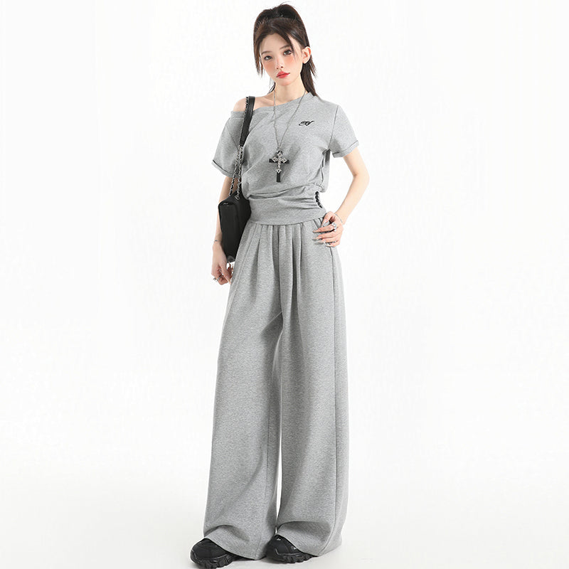 Stillness Sport Set: Slate-Gray Off-Kilter Shoulder Top + Engineered Relaxed Pants